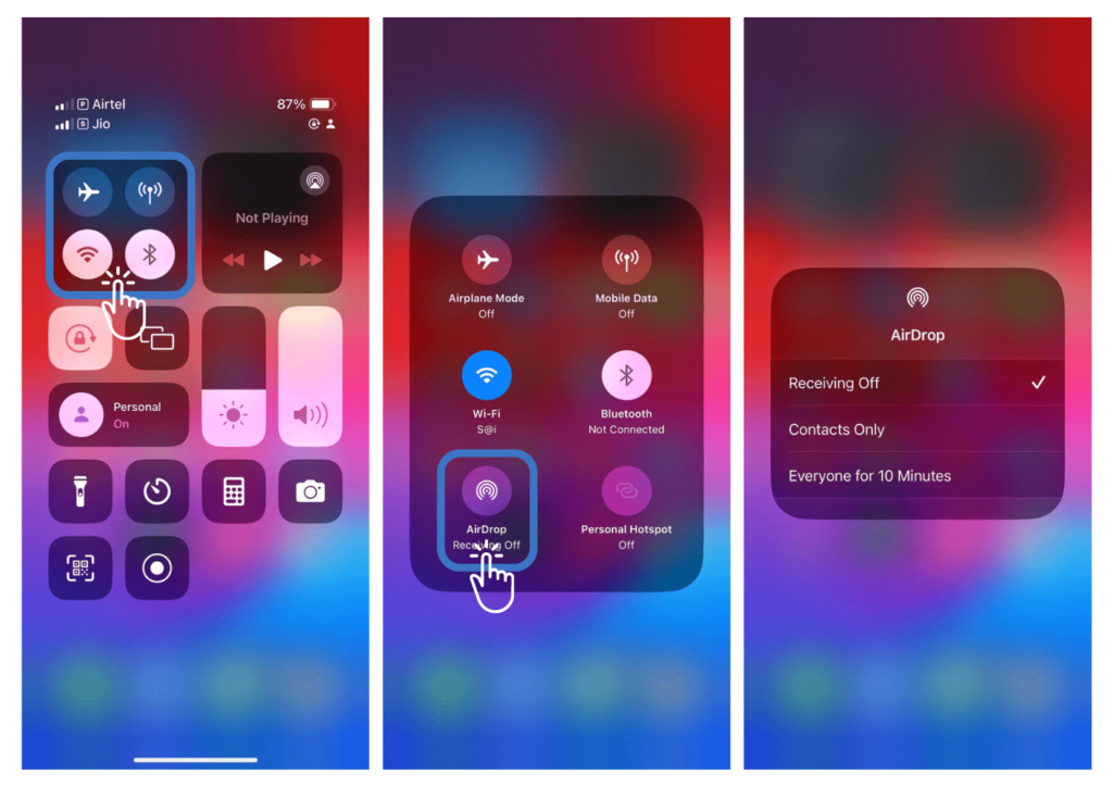 Turning off airdrop using control center on iphone