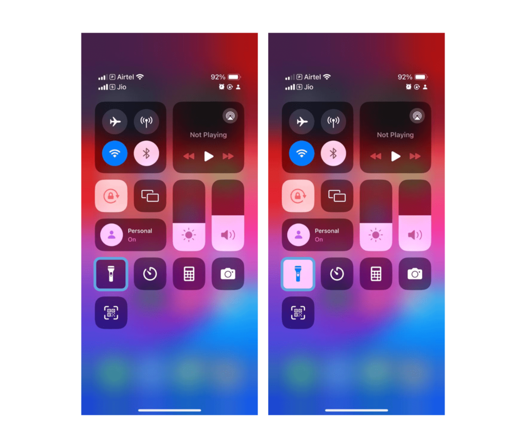 Turning off the flashlight via control center